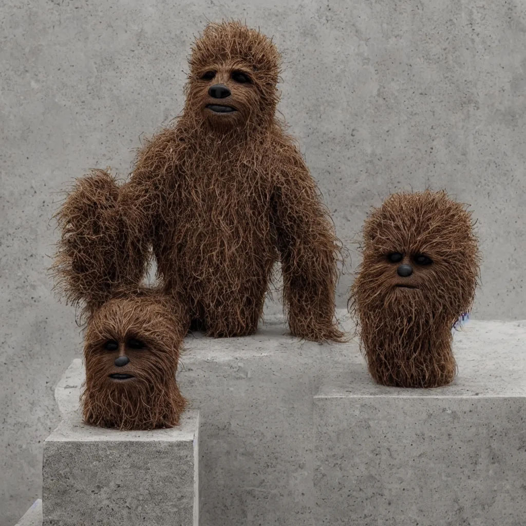 Prompt: Chia pet of Chewbacca’s head sitting on a concrete table, dimly lit