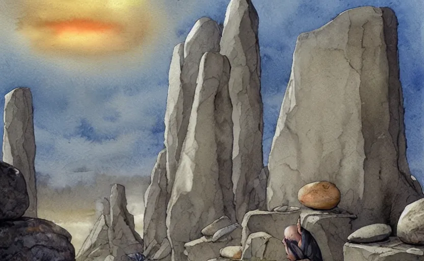 Prompt: a hyperrealist watercolor fantasy concept art of giant monk with a long forehead in grey robes sitting in stonehenge. several large stones are floating in the air. in the background a large ufo is in the sky. by rebecca guay, michael kaluta, charles vess