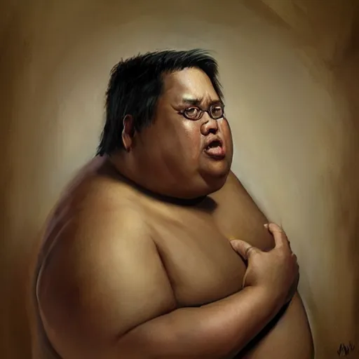 Prompt: hyper realistic, portrait of filipino dwight shrute, extremely obese painted by greg rutkowski, wlop, loish,