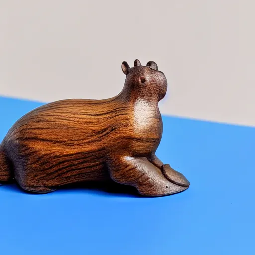 Prompt: small hippopotamus sculpture on a desk half wood and half blue epoxy sculpture, mix, decorative small, 3 5 mm macro photography, studio