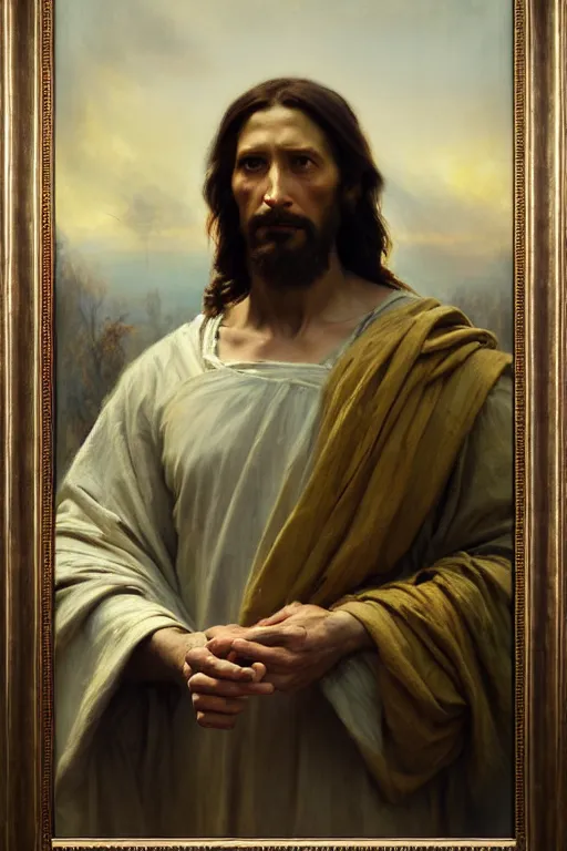 Prompt: photograph imax and solomon joseph solomon and richard schmid and jeremy lipking victorian loose genre loose painting full length portrait painting of jesus