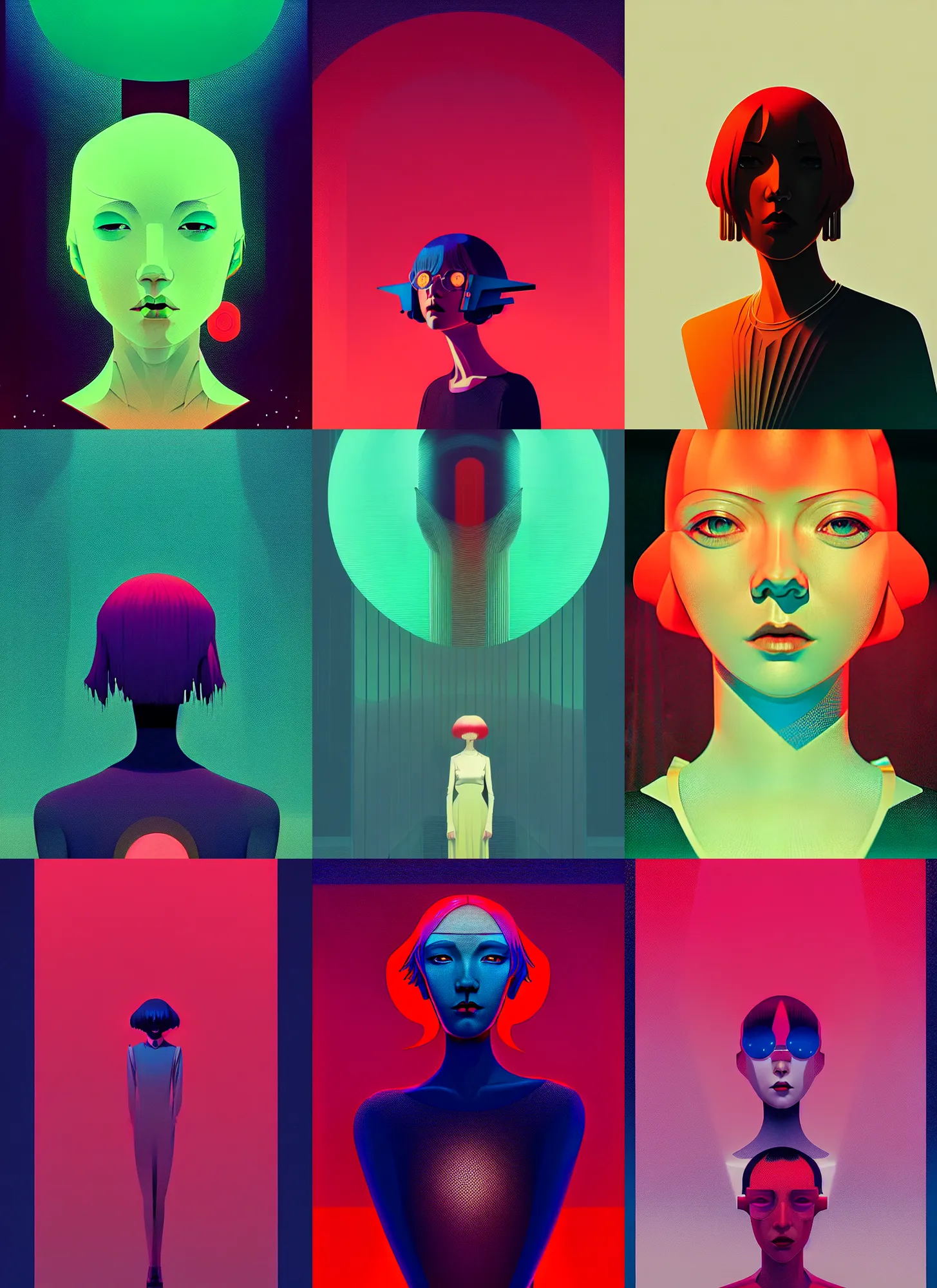 Prompt: ( ( dither ) ), editorial illustration portrait of reol, modern art deco, ( ( mads berg ) ), christopher balaskas, victo ngai, rich grainy texture, detailed, dynamic composition, wide angle, moebius, volumetric, kyoani, yoshinari yoh, matte print