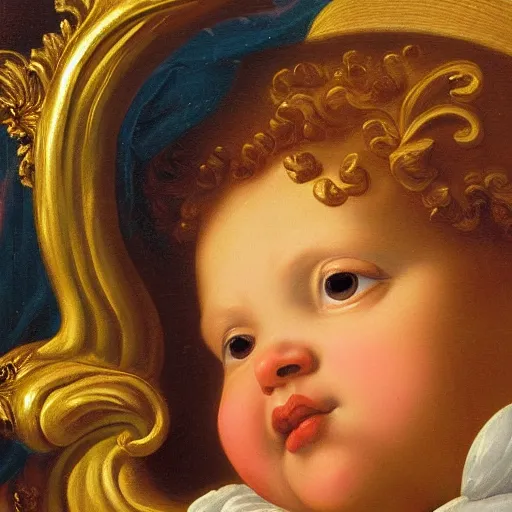 Prompt: baroque rococo painting of a cherub portrait greg hildebrandt high detail