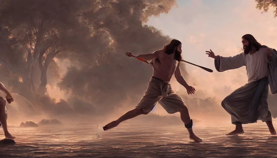 Image similar to a painting of jesus fighting a blind man, hyperrealistic, 8k, unreal engine, artstation, cgsociety