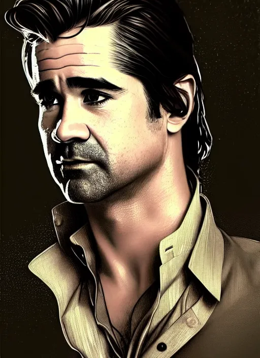 Image similar to colin farrell as a 2 1 st century aristocrat wearing boots, detailed face, d & d, wet, shiny, fantasy, intricate, elegant, hyper detailed, ultra definition, photoreal, artstation, unreal engine rendered, concept art, smooth, sharp focus, illustration, art by artgerm and greg rutkowski and alphonse mucha and garis edelweiss