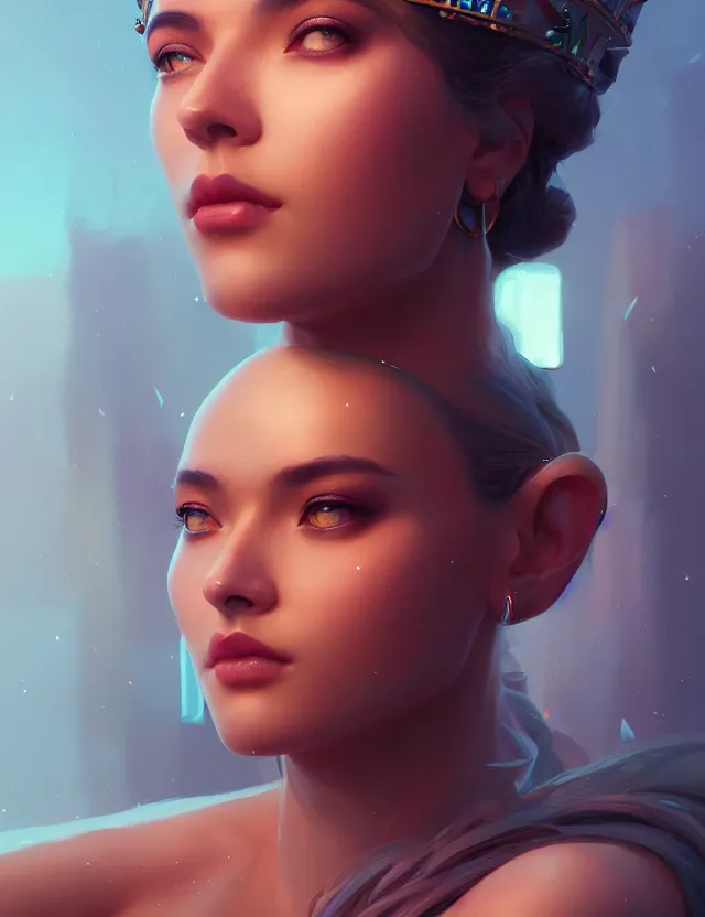 Prompt: blurred background. close-up portrait of a goddess in crown, by Artgerm and beeple and greg rutkowski