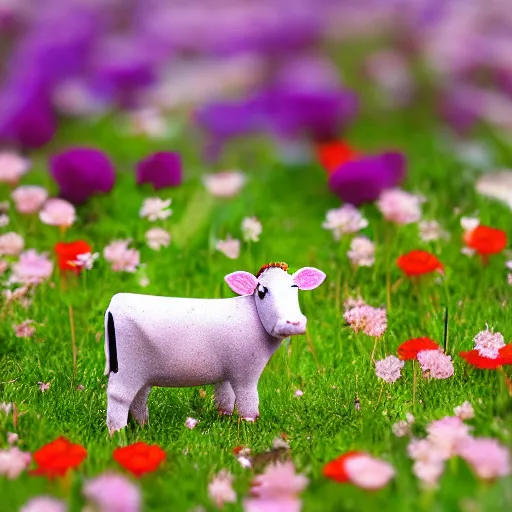 Image similar to a little cow in a field surrounded by flowers, tilt shift photo