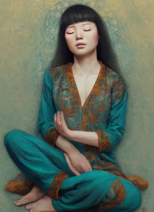 Prompt: girl, asian, meditating in lotus position, teal pyjamas, intricate, elegant, highly detailed, artstation, sharp focus, illustration, ruan jia, mandy jurgens, rutkowski, mucha