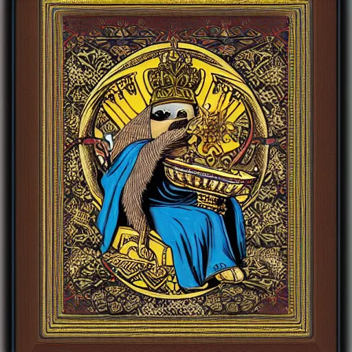 Prompt: sloth as the king of cups, coper crown, poster framed, intricate details, medieval art style, high contrast, posterized