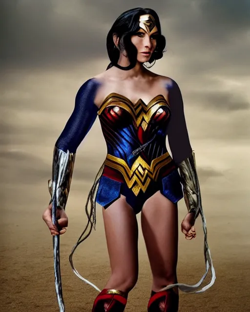 Prompt: Full body photos of a beautiful Chimpanzee dressed as Wonder Woman. Hyperreal, photorealistic, photography in the style of Annie Leibovitz