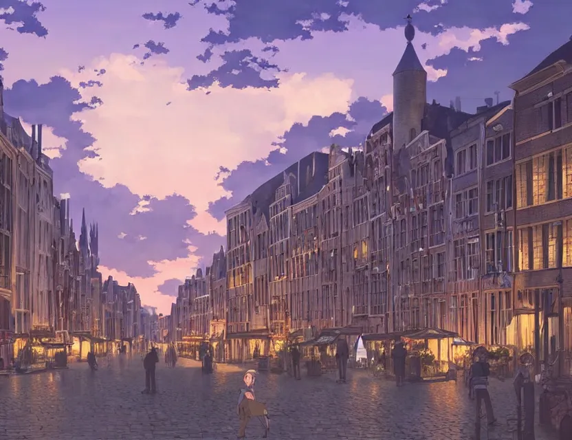 Image similar to street view of gent belgium at sunset, peaceful and serene, incredible perspective, soft lighting, anime scenery by makoto shinkai and studio ghibli, very detailed