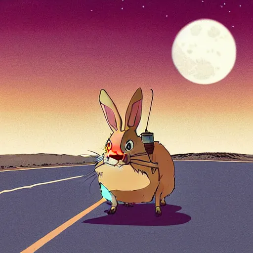 Prompt: a study of cell shaded cartoon of a mechanized hare from howl's moving castle ( 2 0 0 4 ) on a desert road, in front of a big moon, full body, wide shot, very muted colors, post grunge, studio ghibli, laurie greasley, highly detailed, deviantart, art by artgem