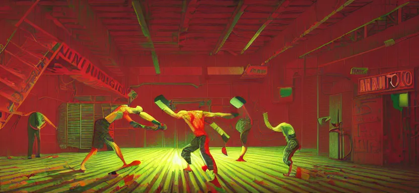 Prompt: handmade illustration of a vicious fight in an illegal boxing ring, bloody uppercut action shot knockout, line art, octane render with volumetric lighting, architectural illustration by MC Escher and cedric peyraavernay, industrial waste processing, bladerunner, green and red radioactive swamp, by Remedios Varo and Anato Finnstark and Greg Rutkowski, dayglo pink, dayglo blue, dazzle camouflage, 8k, trending on ArtStation