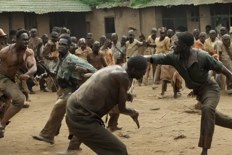 Image similar to film still of the best fight scene from the new pacific movie, set in nairobi