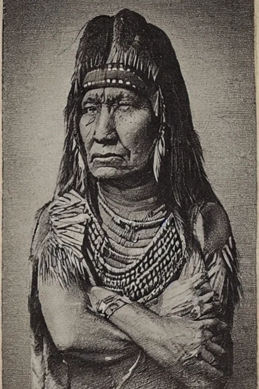 Image similar to “19th century wood engraving of a Native American indian, squaw, portrait, Nanye-hi (Nancy Ward): Beloved Woman of the Cherokee, pain and sadness on his face, drawn with charcoal pencil, ancient”