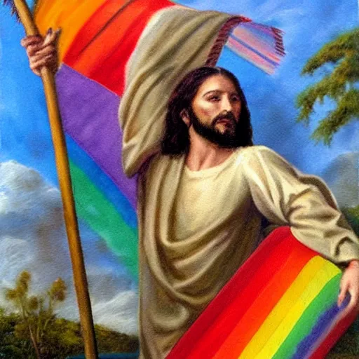 Prompt: realistic old painting of jesus christ moving a rainbow flag