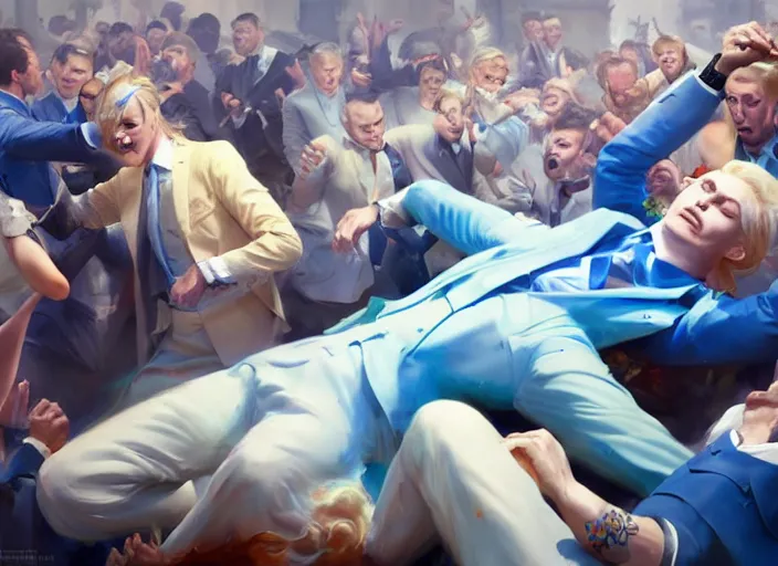 Prompt: a blond man in a blue suit wounded surrounded by a crowd, organic painting, sunny day, matte painting, bold shapes, hard edges, street art, trending on artstation, by huang guangjian, gil elvgren, ruan jia, randy vargas, greg rutkowski