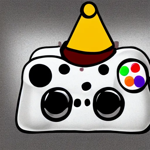 Image similar to Digital drawing of a controller with a cartoon face and a birthday hat, white backgound