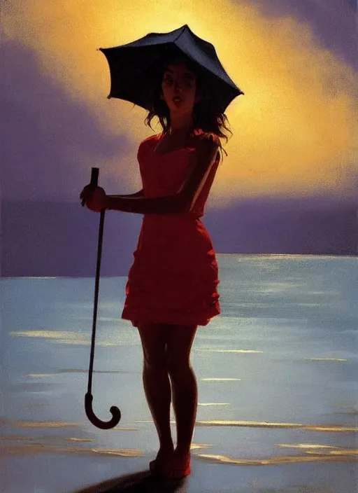 Prompt: a portrait of an beautiful young girl standing on a beach holding an umbrella, highly detailed, dramatic lighting, intense shadows, rich deep colours, by jack vettriano