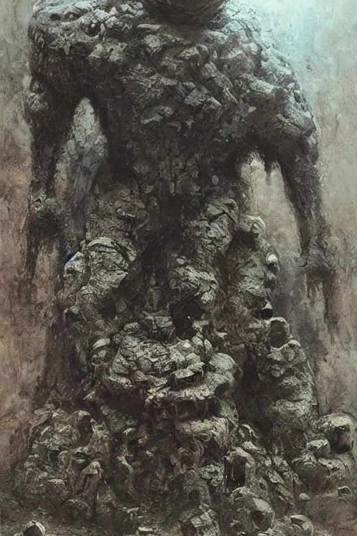 Prompt: a giant golem made out of rock and mushrooms roaring in triumph, cave, james gurney, beksinski, giger, john park, jeremy mann