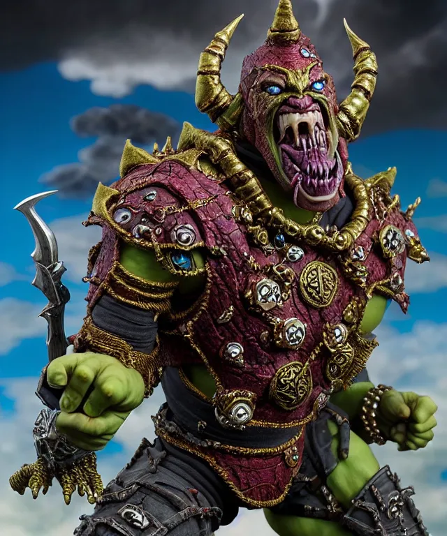 Image similar to hyperrealistic rendering, epic boss battle, ornate supreme orc goblin overlord, jewel crown, war armor battle, by art of skinner and richard corben, product photography, collectible action figure, sofubi, hottoys, storm clouds, outside, lightning