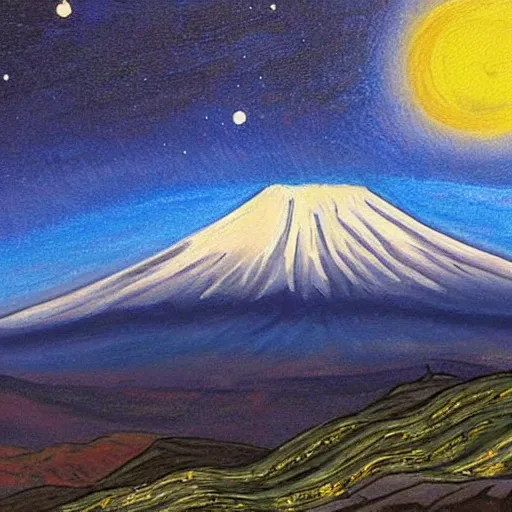 Prompt: painting of mount Fuji in style of starry night