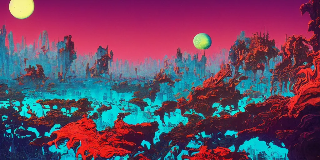 Prompt: striking colours vivid, gaps holes, neonothopanus, creatures, metropolis in distance, moons, realistic landscape art by roger dean, reflections, art by michael whelan, organic textures, seedpods, art by kilian eng, moebius artwork, ultrawide angle, hires 8 k detailed natural textures