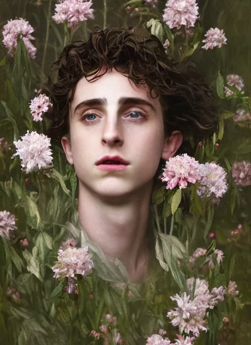 Image similar to Kodak Portra 400, 8K,ARTSTATION, Caroline Gariba, soft light, volumetric lighting, highly detailed, britt marling style 3/4 , extreme Close-up portrait photography of a Timothee Chalamet hiding in flowers how pre-Raphaelites with his eyes closed,inspired by Ophelia paint, his face is under water Pamukkale, face above water in soapy bath tub, hair are intricate with highly detailed realistic , Realistic, Refined, Highly Detailed, interstellar outdoor soft pastel lighting colors scheme, outdoor fine photography, Hyper realistic, photo realistic