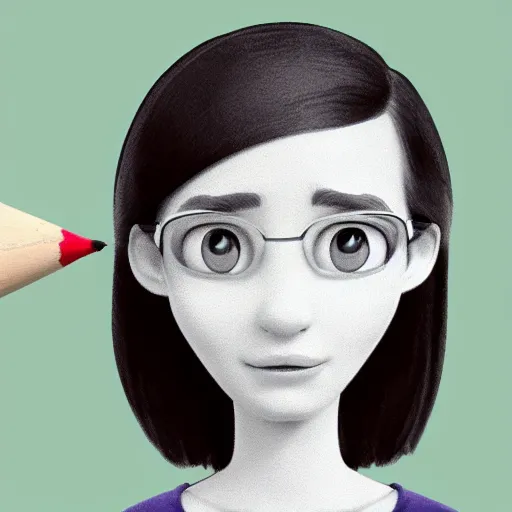 Image similar to Digital art of portrait of a woman, holding pencil, inspired, head-and-shoulders shot, white background, cute Pixar character