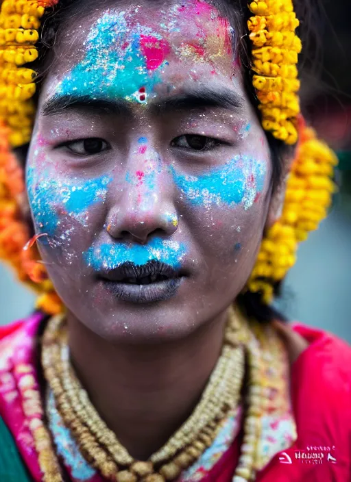 Image similar to Mid-shot portrait of a beautiful 25-year-old woman from Nepal, with smudges of paint on her face, attending Nepal Festival, candid street portrait in the style of Martin Schoeller detailed, award winning, Sony a7R