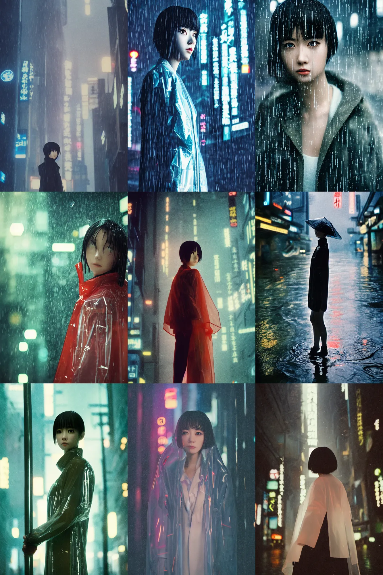 Prompt: Cinestill 800t, 8K, highly detailed, seinen manga 3/4 closeup portrait, eye contact, focus on clear transparent see through raincoat model, tilt shift background: famous blade runner anime remake, pond scene