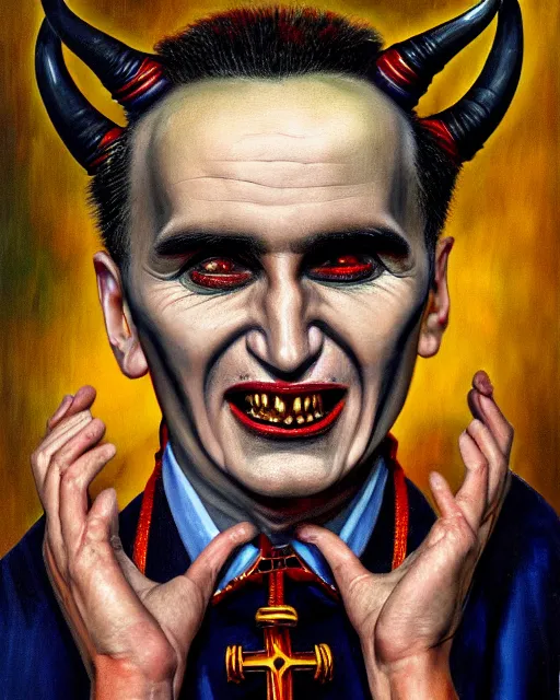 Image similar to photorealist portrait painting of demonic aloysius stepinac with demonic eyes and horns, gothic, horror, cool colors, high production value, intricate details, high resolution, hyperrealistic, hdr, high definition, masterpiece, ultra realistic, highly detailed, hd, sharp focus, non blurry, sharp, smooth