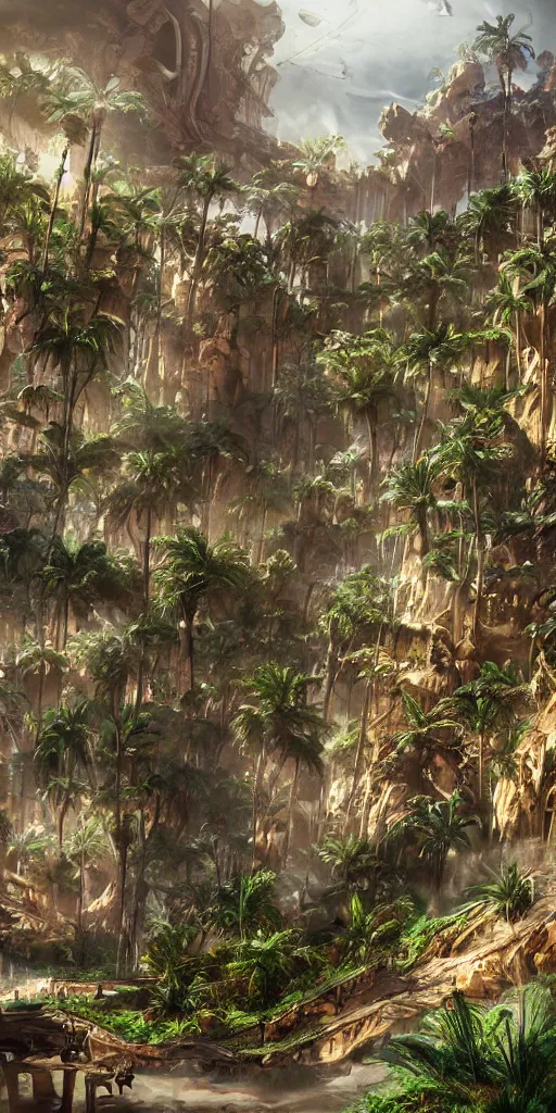 Image similar to concept art of rainforest city in the negev dessert. cinematic. epic framing, beautiful, highly detailed art station, behance, realistic