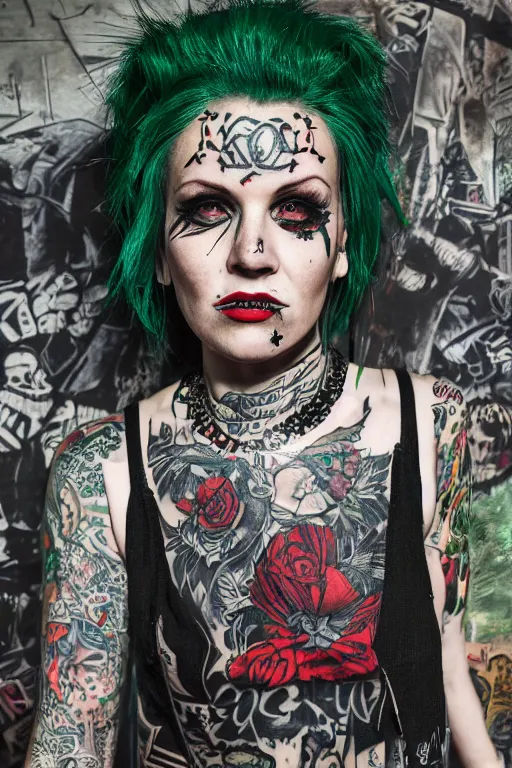 Prompt: upper body portrait hannah as a punk woman with green mohawk, covered in neotraditional style tattoos, wearing a bold tee shirt, flannel jacket, fishnets and a long tartan skirt, intimidating, max details, hyperrealistic, photorealistic, ultra - realistic, ultra - detailed, cinematic, 8 k resolution by alan lee
