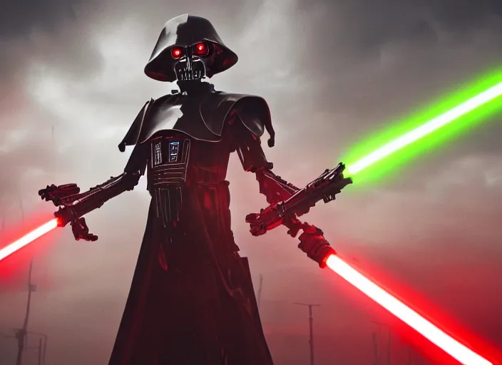 Image similar to portrait photo of general grievous with arms holding 4 activated red lightsabers in the rain. cyberpunk horror style.