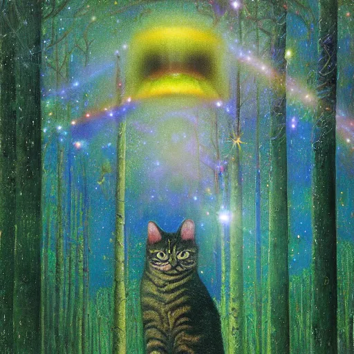 Image similar to psychedelic lush pine forest, outer space, milky way, amber eyes cat eyes designed by arnold bocklin, jules bastien - lepage, tarsila do amaral, wayne barlowe and gustave baumann, cheval michael, trending on artstation, star, sharp focus, colorful refracted sparkles and lines, soft light, 8 k 4 k