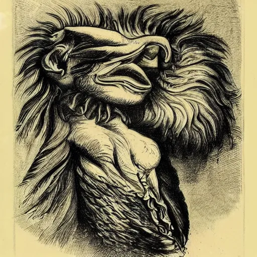 Image similar to a creature with the body and eyes of a man, with the beak of an eagle, the mane of a lion, and the horns of an ox. drawn by francis bacon