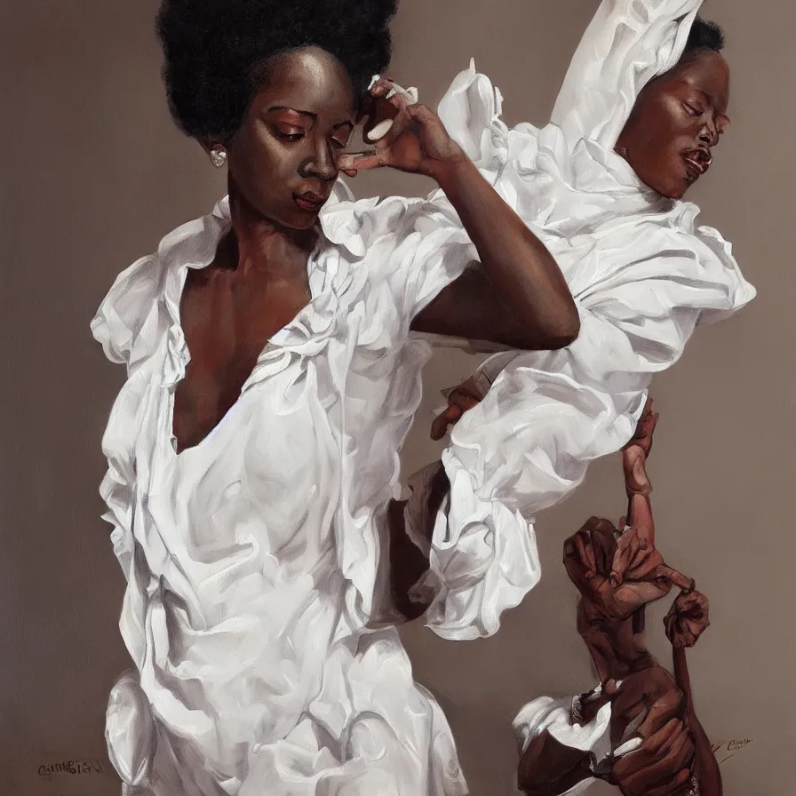 Prompt: a painting of a woman wearing a white blouse, an ultrafine detailed painting by constance gordon - cumming, cgsociety, afrofuturism, detailed painting, rococo, hyper realism