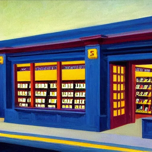 Image similar to painting of a blockbuster movie rental store by edward hopper
