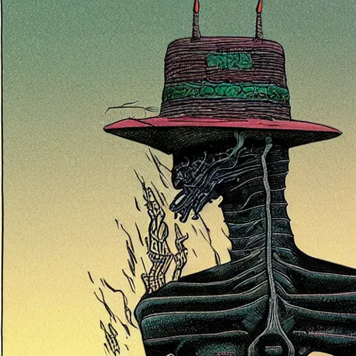 Image similar to voodoo hat, crossroad between life and death, drawing by moebius