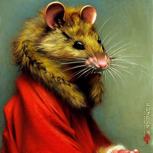 Image similar to a portrait of a furry splinter the rat wearing a red kimono, hairy, furry body, furry arms, feet, tail. highly detailed painting by gaston bussiere, craig mullins, j. c. leyendecker, furry