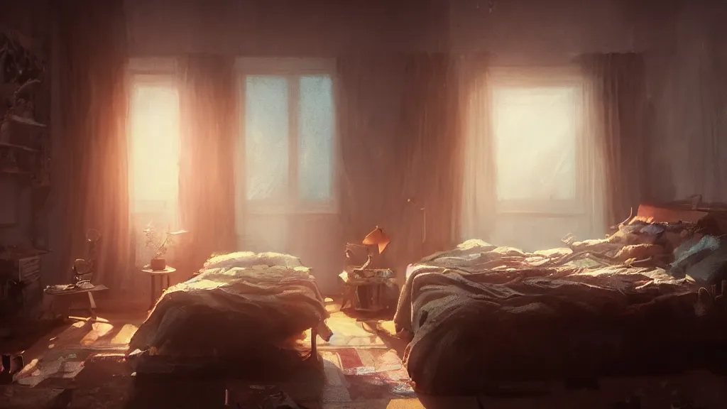 Prompt: a photorealistic hyperrealistic render of an interior of a beautifully decorated cozy bedroom by pixar, greg rutkowski, wlop, artgerm, dramatic moody sunset lighting, long shadows, volumetric, cinematic atmosphere, octane render, artstation, 8 k