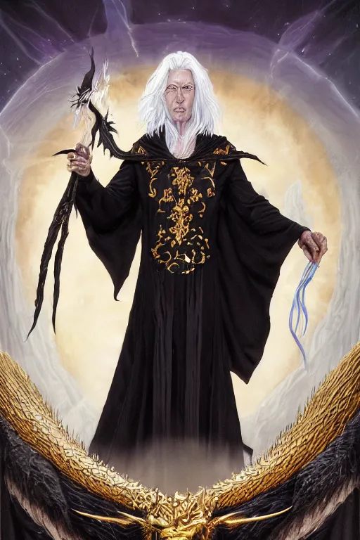 Prompt: An highly detailed portrait painting of Raistlin Majere with skin of metallic gold, white hair, hourglass shaped eye irises, in elegant black robes with gold embroidered fabric borders, Staff with a dragon claw at the top holding a magic crystal, by Greg Rutkowski, Wizards of the Coast, Magic The Gathering, D&D, fantasy, Craig Mullins, trending on Artstation.