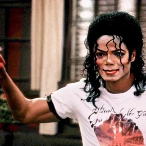 Prompt: A film still of Michael Jackson wearing a shirt with a the words OTF realistic,detailed