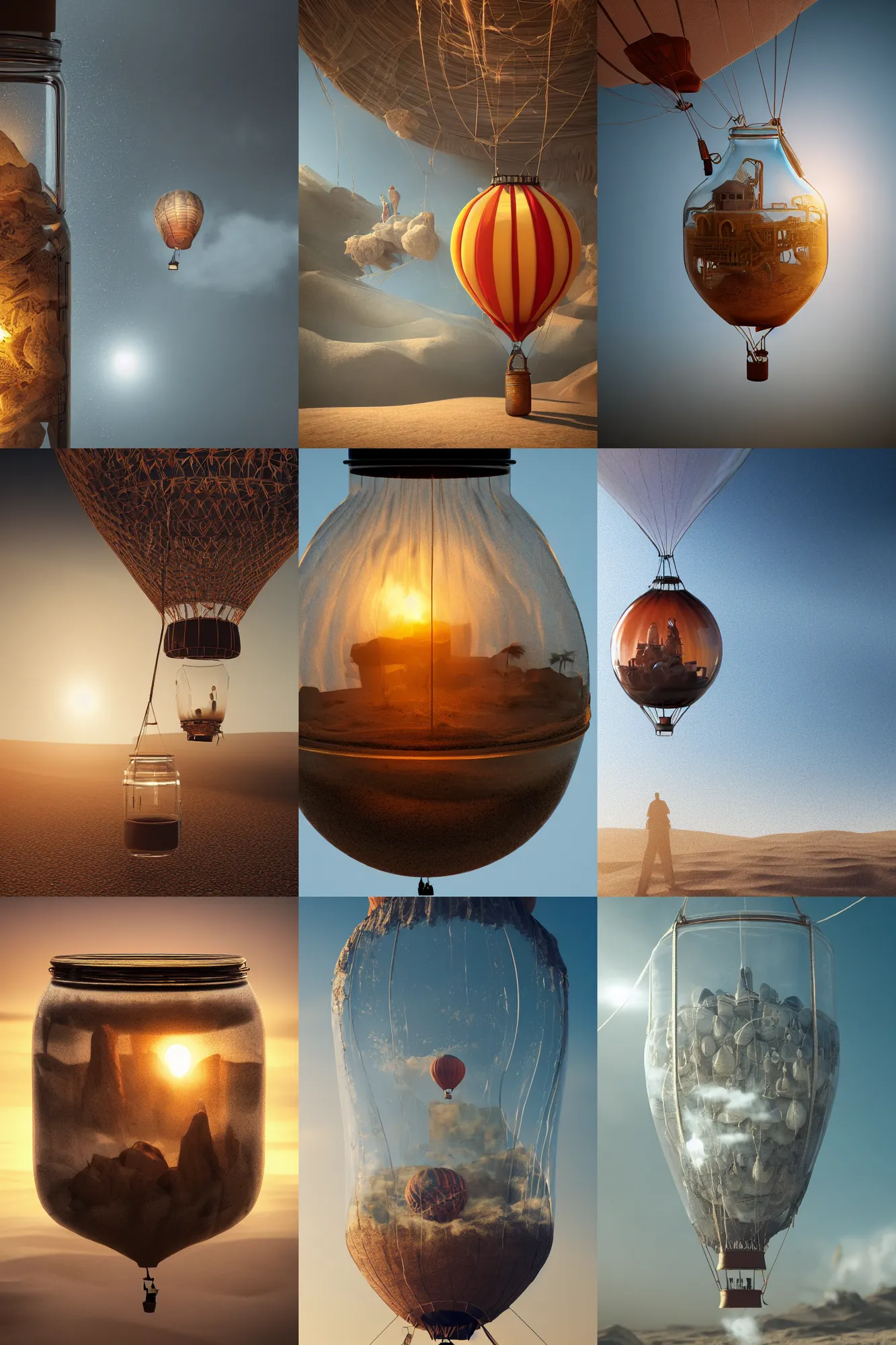 Prompt: hot air balloon inside a glass jar buried in sand, intricate detail, volumetric lighting, epic composition, hyper detailed, ultra realistic, sharp focus, octane render, volumetric, ray tracing, sense of awe, swirling mist, 4 k