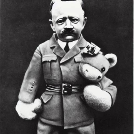 Prompt: hitler holding a teddy bear, propaganda poster