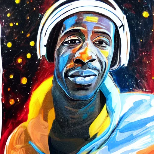 Image similar to a messy painting of Saul Williams in space.Trending on ArtStation