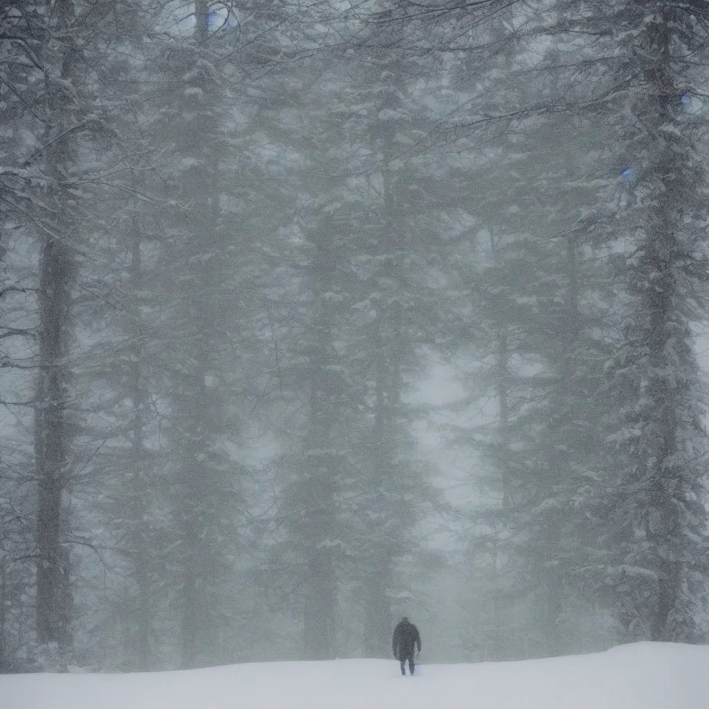 Image similar to photo, bigfoot is hiding in the background. cold color temperature, snow storm. hazy atmosphere. humidity haze. kodak ektachrome, greenish expired film, award winning, low contrast