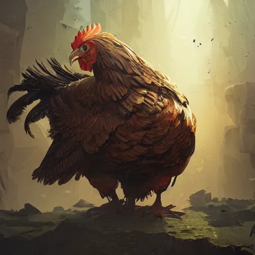 Image similar to chicken, highly detailed, illustration, fantasy art, in the style of greg rutkowski, epic, fantasy, intricate, hyper detailed, artstation, concept art, smooth, sharp focus, ray tracing