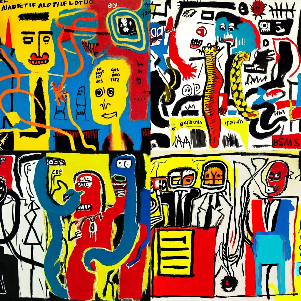 Prompt: oil painting of party with politicians, lobbyists and snakes, by basquiat